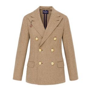 NWT Rowing Blazers Women's Brown Herringbone Double Breasted 100% Wool Blazer